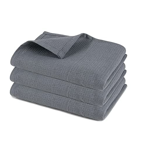 Image of Pagnanno Set of 3 Tea Towels and Waffle Weave Hotel Quality Professional Cotton Tea Towels 45 x 70 cm | Absorbent - Quick Dry - Kitchen & Bar Tea Towels (45 x 70 cm), Waffle - Grey