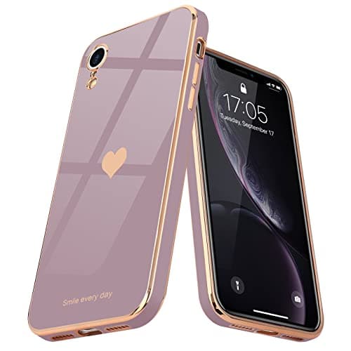 Image of Teageo for iPhone Xr Case Cute Heart Pattern for Women Girls Slim Luxury Bling Plating Soft TPU Anti-Scratch Shockproof Bumper Phone Case for iPhone Xr, Lavender