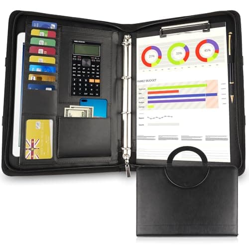 Image of New Version A4 Zippered Conference Leather Business Document Bag Portfolio Folder with Zipper with Ring Binder (Black)