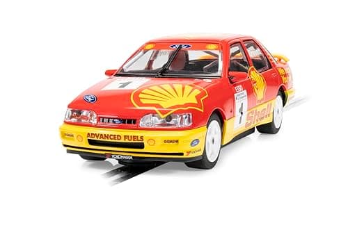Image of Scalextric C4632 Ford Sierra Sapphire Slot Car, BTCC 1990 Rob Gravett, 1:32 Scale, Red and Yellow Livery, with Lights and Magnatraction