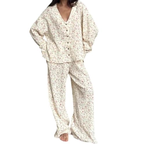 Image of Cotton Loose and Comfortable Printed Pajama Set Women's Loungewear(WHITE,S)