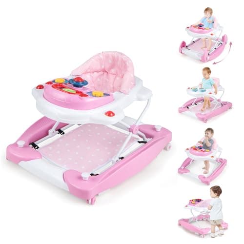 Image of COSTWAY 6 in 1 Baby Walker, Foldable Push Along Walkers with 3 Adjustable Heights, Music, Lights, Rocker Mode, Padded Seat, Walker and Bouncer Combo for Babies 6-18 Months (Pink)