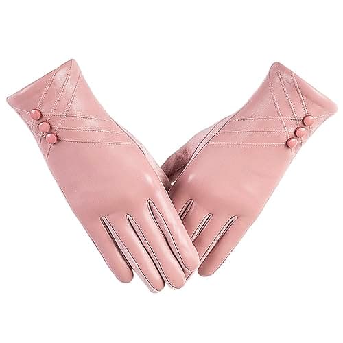 Image of RSHHCXR Winter Leather Gloves for Women,With Touchscreen Texting Warm Cashmere Lining Windproof Suede Driving Gloves, Pink, L/XL