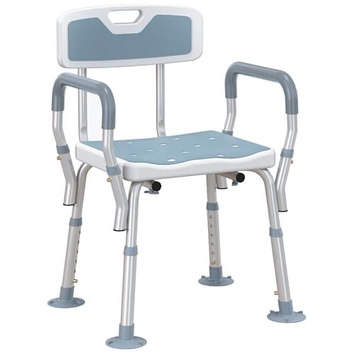 Image of HOMCOM EVA Padded Shower Chair for the Elderly and Disabled, Height Adjustable Shower Stool with Back and Arms, 4 Suction Foot Pads, Light Blue