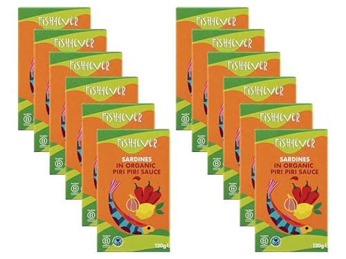 Image of Fish 4 Ever | Sardines in Organic Piri Piri Sauce – Sustainably Fished in Portugal, Canned in Spicy Organic Sauce, High in Omega-3, Clean Ingredients, Ready-to-Eat Tin Fish|120g (Pack of 12)