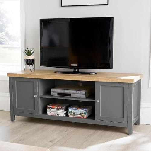 Image of Home Source TV Stand Media Cabinet, Television Entertainment Unit, Oak Effect, Dark Grey, 130cm