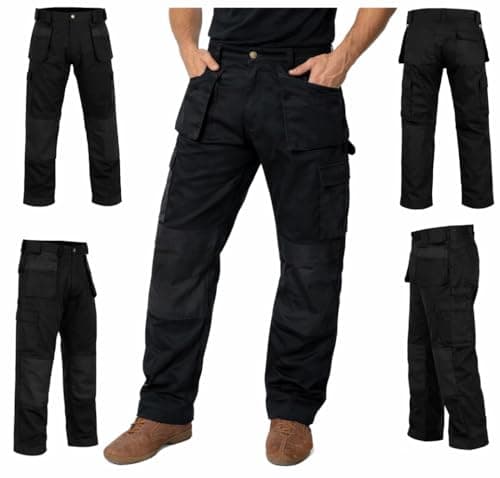 Image of GRS Multi Pockets Mens Combat Cargo Work Trousers with Knee Pad Pockets, Full Black, 30" Waist - Regular
