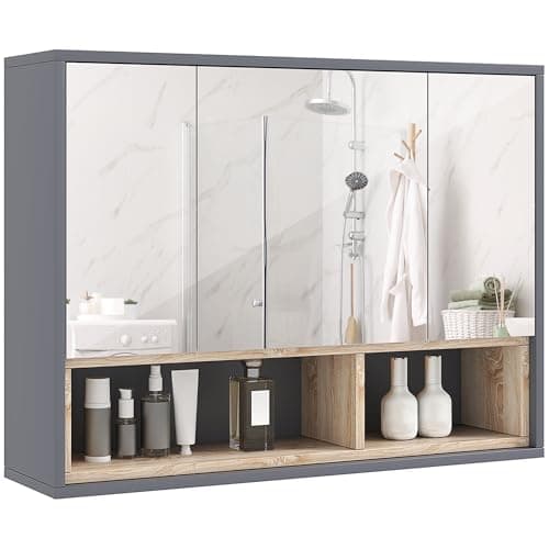 Image of HOMCOM Bathroom Mirror Cabinet, Wall Mounted Bathroom Cabinet with Mirror, 3 Doors and Cupboards, Grey