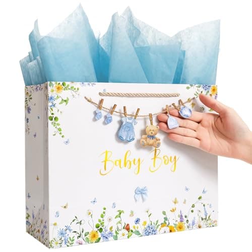 Image of Crisky Large Baby Gift Bag with Tissue Paper, Gift Card and Bow for Baby Shower Boy's Kid's Birthday Party decoration (Features a Babysuit Banner and Blue Bow)