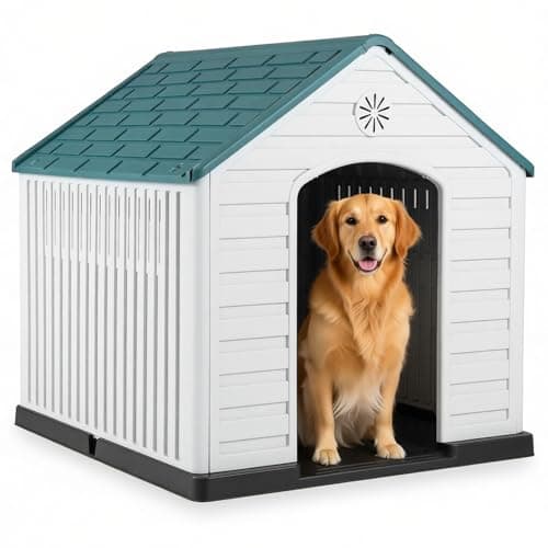Image of Maxmass Plastic Dog House, Weather-Resistant Dog Kennel with Roof, Elevated Floor, Air Vents, Indoor Outdoor Pet House Waterproof Pet Cage Large Pet Shelter for Dogs Cats Rabbits (Dark Blue+White)