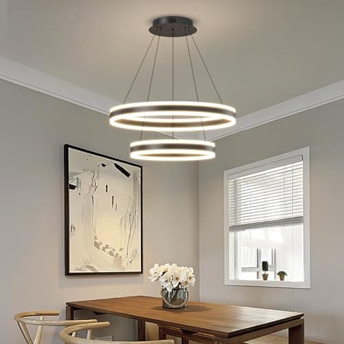 Image of Mikeru 20+40CM Round Kitchen Island Light, 60W 2 Ring Modern Pendant Dining Pendant Light 1.5 Metre Adjustable Cord Length 3000k/4500k/6000k Breakfast Bar Pendant Lights for Dining Room