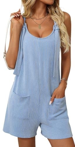 Image of Adigau Women's Y2K Sleeveless Jumpsuits Ladies Oversized Casual Trousers Girls Leisure Baggy Shorts Girls' Travel Striped Short Girl Fashions Romper With Pockets Baby Blue S