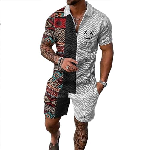 Image of BIRW Mens Short Sets 2 Piece Outfits Polo Shirt Fashion Summer Tracksuits Casual Clothes Set Short Sleeve and Shorts Set for Men, Vintage Pattern Mix Half White, Small