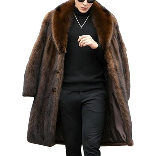 Image of Winter Men's Faux Fur Long Coat Fluffy Jacket Button Up Warm Parka Overcoat Outwear Open Front Thick Cardigan Brown Medium