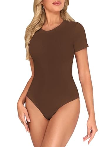 Image of Kefiyis Bodysuit Short Sleeves Bodysuits for Women UK Crew Neck Body Suits Casual Slimming Stretch Leotard Tops with Snap Closure Thong Brown S