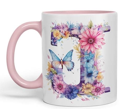 Image of Vixar Letter J Mug, Floral Flowers Butterfly Alphabet Letter J Monogram Watercolour Ceramic Coloured Mug Cup for Tea Coffee Hot Brew 330ml 11Oz Gift (Pink)#