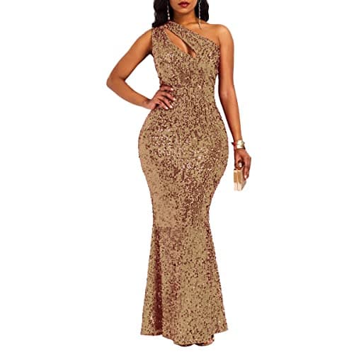 Image of VERWIN Sequins Fashion Sleeveless Oblique Collar Mermaid Women's Maxi Dress Bodycon Dress Party Dress Camel XL