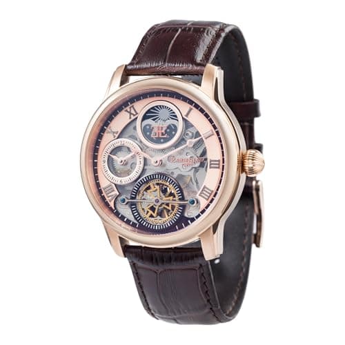 Image of Thomas Earnhshaw Men's Longitude Shadow Automatic Watch with Rose Gold Dial Skeleton Display and Brown Leather Strap ES-8063-02