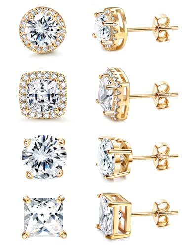 Image of KRFY Cubic Zirconia Gold Stud Earrings | 18 K White Gold Hypoallergenic Sterling Silver Post Earrings | Brilliant Large Simulated Diamond Halo Gold Stud Earrings for Women Men