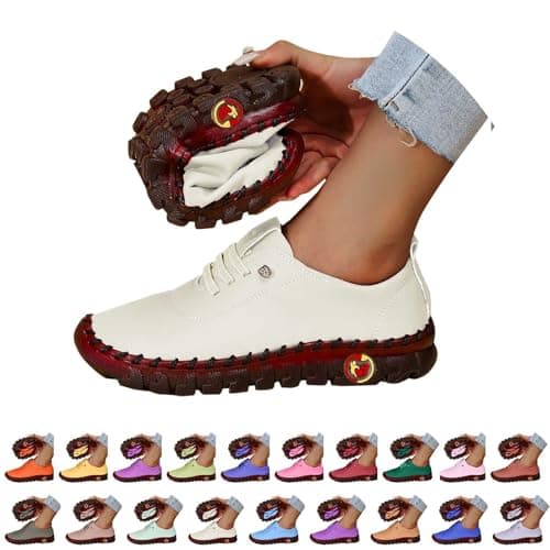Image of White Leather Trainers Women Womens Trainers Waterproof Non Slip Walking Shoes Lightweight Soft Wide fit Running Sneakers Casual Orthopedic Shoe Ladies Lace up Sneaker for Tennis Gym Tennis Beige 5