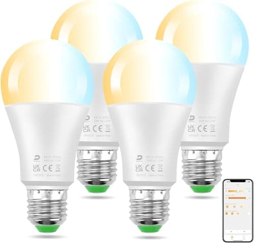 Image of DUSKTEC Bluetooth Smart Bulb E27, Warm White to Daylight Dimmable Alexa Light Bulbs, 12W 1300 LM Smart Light Bulbs, 130W Equivalent Edison Screw Bulb APP and Voice Control, No Hub, 4 Pack