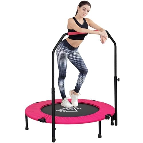 Image of HOMCOM 40" Foldable Mini Trampoline Fitness Trampoline Rebounder for Adults with Adjustable Foam Handle, for Indoors, Outdoors, Cardio Training, 150kg Weight Capacity, Pink