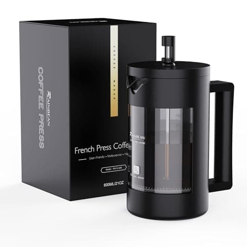 Image of RAINBEAN Cafetiere Coffee Press 4 Cups/600ml, Glass French Press Coffee Maker - 3 Level Filtration System, Heat Resistant Borosilicate Glass, Easy Clean, BPA Free