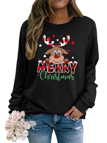 Image of Yihelian Womens Sweatshirt Merry Christmas Letter Printing Top Ladies Cute Elk Graphic printed Pullover Long Sleeve Crew Neck Blouse Black