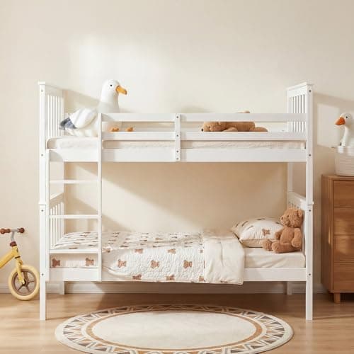 Image of Panana Single Wooden Bunk Bed Frame, 3FT Twin Sleeper Solid Pine Platform Bed (White, Single Bunk-Can Spli into 2 Bed)