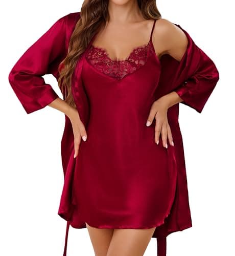 Image of Lovasy Women's Satin Robes 2 Pack Silk Nighties and Dressing Gown for Women Sexy Lace Cami Nightdresses with Robe Set,Purplish Red,M
