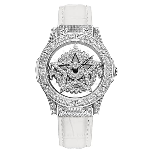 Image of OLEVS Womens Watch, Leather Wrist Diamond Dial Ladies Quartz Watch,Five Pointed Star Rotating dial with Hollowed Out Design Fashion Waterproof Analog Watch for Women (9938- Five Star White Face)