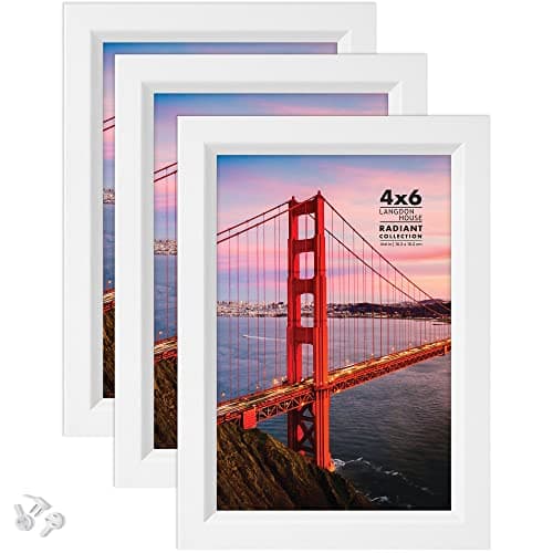 Image of Langdon House 6x4 Picture Frames (White, 3 Pack), Modern w/Bevelled Accent, Tabletop Easel and Wall Hanging Hooks Included, Radiant Collection