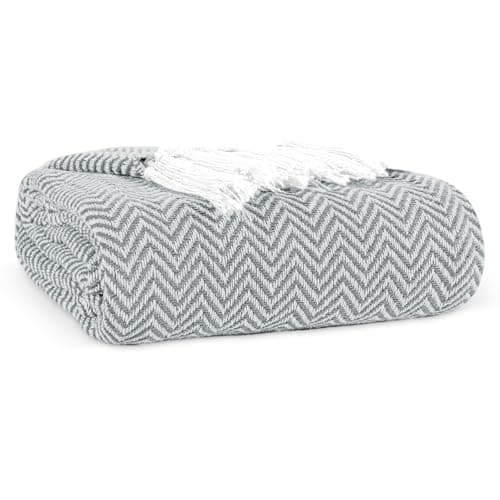 Image of EHC Chevron Throw Blanket, Handwoven Cotton Throws for Sofas Bed Sofa Settee Couch Reversible Bed Cover Over Bedspread, Single 127 x 152 cm, Grey