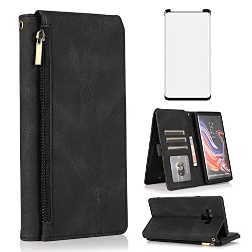 Image of Asuwish Compatible with Samsung Galaxy Note 9 Wallet Case Tempered Glass Screen Protector Zipper Leather Flip Cover Card Holder Stand Cell for Galaxies Note9 Gaxaly Glaxay Not S9 Women Men Black