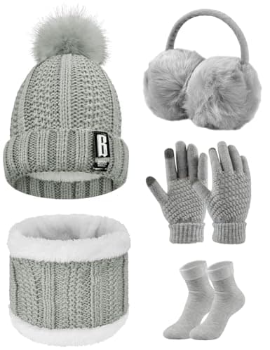 Image of UMIPUBO Women's Winter Knitted Hat and Scarf Set - Plush Ear Warmers, Beanie Hat, Touch Screen Gloves, Earmuffs, Stockings - One Size, Grey