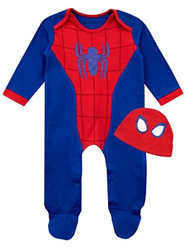 Image of Marvel Baby Sleepsuit with Hat | Spiderman Baby Grows | Newborn Sleepsuit | Blue Age 0 to 3 Months