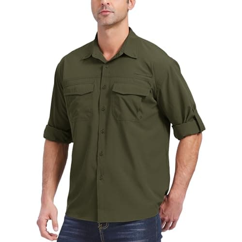 Image of Faysfad Men's Long Sleeve UV Protection Safari Shirt Button Down Quick Drying Shirt for Outdoor Walking Hiking Fishing Golfing(5051,Olive Green,M)