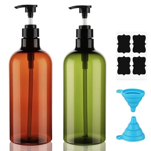 Image of Decorniqu Pump Bottle Dispenser 1000ml 2 Pcs Refillable Plastic Press Pump Bottles Large Empty Liquid Hand Dish Soap Dispensers with Funnel and Labels for Shampoo Conditioner Body Wash Lotion