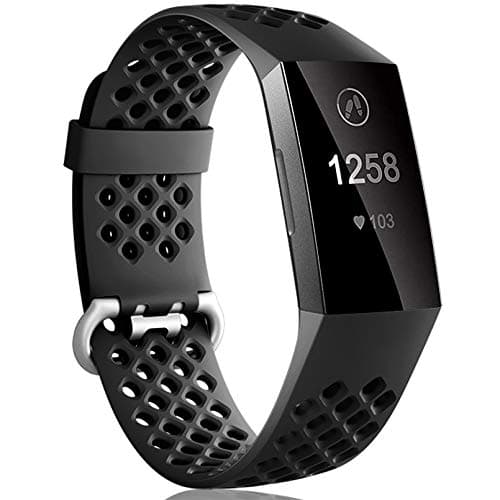 Image of Dirrelo Compatible with Fitbit Charge 3/ Charge 4 Strap, Sport Silicone Adjustable Replacement with Breathable Holes Accessories Wristband for Fitbit Charge 3 SE, for Women Men, Large Black
