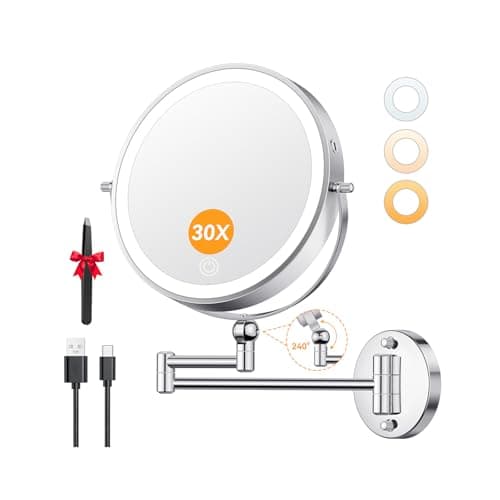 Image of Auxmir 9'' Wall Mounted Lighted Makeup Mirror, 5000mAh Rechargeable Double Sided 30X/1X Magnifying Mirror, Height Adjustable, 360° Swivel Dimmable Shaving Mirror with Extendable Arm for Bathroom