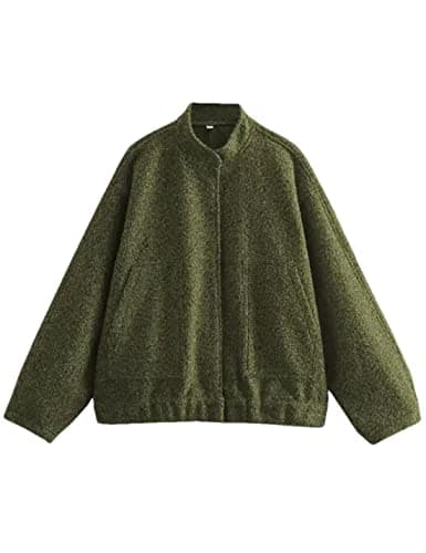 Image of Megfie Womens Oversized Wool Blend Jackets Button Down Shacket Stand Collar Outerwear Bomber Jackets, Green, L