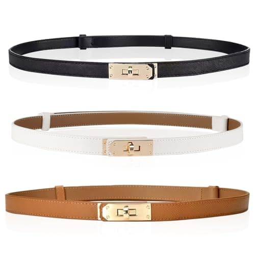 Image of VEGCOO 3PCS Women Skinny Leather Belt, Adjustable Fashion Slim Thin Waistband Alloy Turn Lock Buckle Belt for Dress Jeans Pants Coat, Classic Solid Colors of Black White Caramel (Black White Brown)