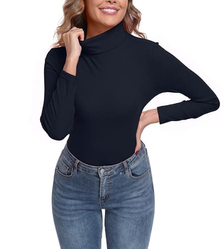 Image of IWOLLENCE Turtleneck Women Thermal Tops Polo Neck Jumpers Long Sleeve Thermal Base Layer Top Ladies Thermal Vests (Ink Blue, M)