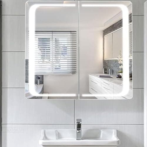 Image of Warmiehomy Bluetooth Bathroom Mirror Cabinets with LED Lights,650x600mm Illuminated Bathroom Mirror Cabinet with Shaver Socket Sensor Switch Demister Pad Dual Door