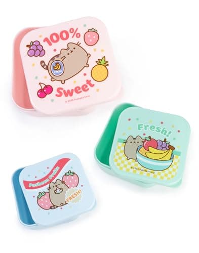 Image of Pusheen the Cat Snack Pot Set in Light Blue, Pink & Mint Green | 3 Piece Stacking Container Set | Cartoon Fresh Fruits Design | Ideal for Storing Snacks & Treats | Pusheen Merch