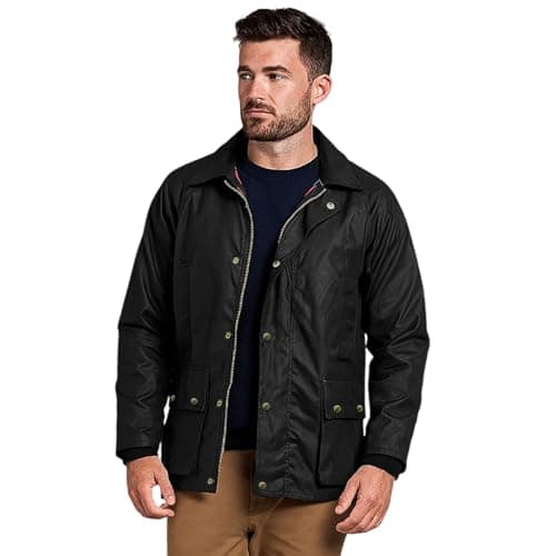 Image of Game Technical Apparel Mens Barker Wax Jacket with Detachable Hood & Tartan Linning (XL, Black)