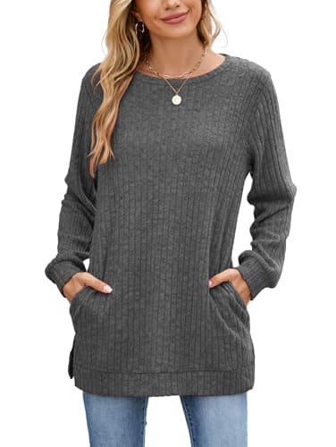 Image of Famulily Jumpers for Women UK Long Sleeve Round Neck Sweatshirts Knitted Longline Tops Rib Pullover Sweaters Side Splits Tunic Black L