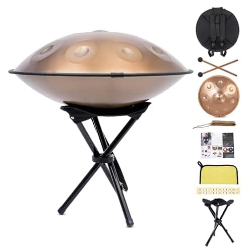 Image of Handpan Drum UK - Hand Pan Steel Drum Instrument, 22 Inch 9 Notes D Minor 432Hz, Professional Grade Handmade Pan with Bag & Stand, for Sound Healing, Meditation, Yoga Adult Beginners (Gold)