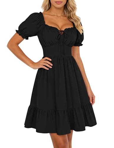Image of SCARLET DARKNESS Women Renaissance Square Neck Short Sleeves Dress Flared A-Line Midi Dress with Ruched Front and Smocked Back Black XXL