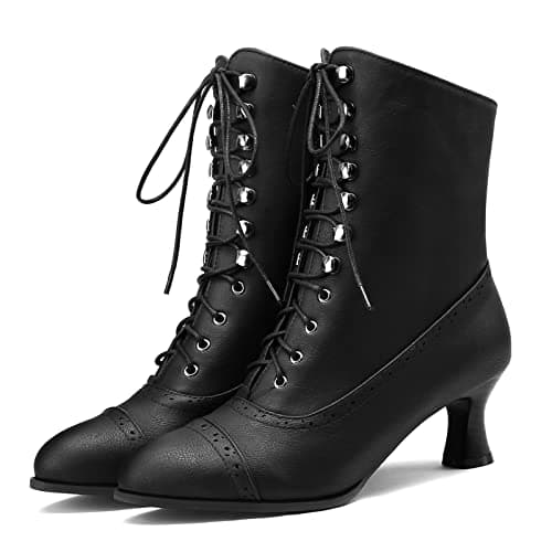 Image of Voviggiw Lace Up Ankle Boots for Women Kitten Heel Victorian Boots Pointed Toe Booties Side Zipper Black Mark Size 39
